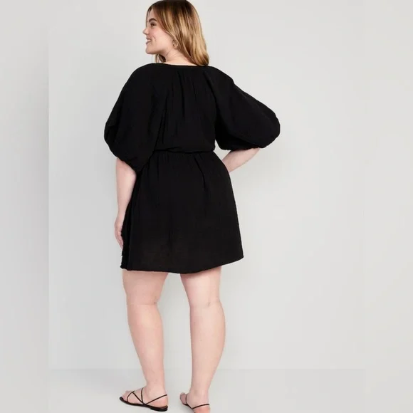 NWT! Black Waist-Defined Puff-Sleeve Mini Poet Dress - Size XL Tall - Picture 8 of 8